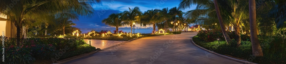 Tropical Island Outdoor Beautiful Location at Dusk with Christmas Decorations Tropical Island Outdoor Beautiful Location at Dusk with Christmas Decorations