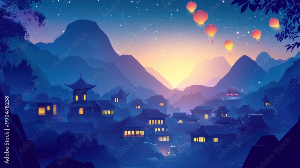 Fototapeta premium Silhouette of a village nestled among mountains, with red lanterns floating in the sky.