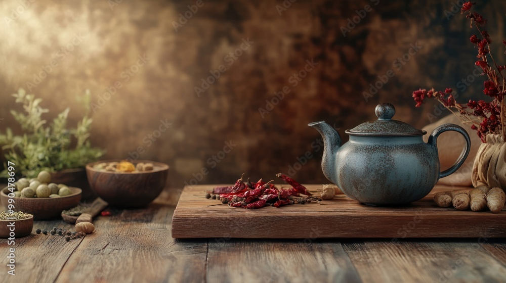 Rustic wooden table with a teapot, spices, and a wooden cutting board. Rustic wooden table with a teapot, spices, and a wooden cutting board.