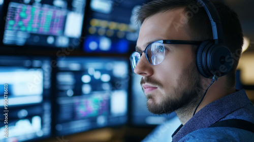 Control room operator with headphones, monitoring multiple screens filled with data, graphs, and live feed visuals 