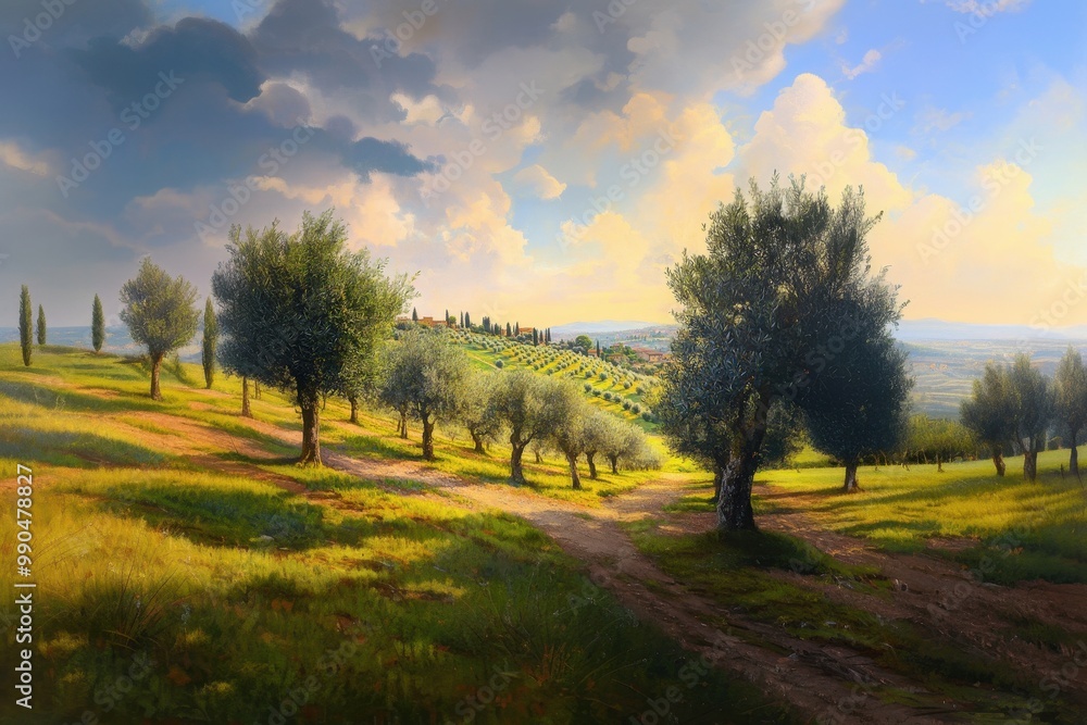 Serene Olive Grove at Sunset in Tuscany: A Scenic Italian Landscape - Italian Agricultural Field with Olive trees Serene Olive Grove at Sunset in Tuscany: A Scenic Italian Landscape - Italian Agricultural Field with Olive trees