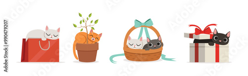 Playful Cat as Fluffy Feline with Cute Snout at Home Vector Set