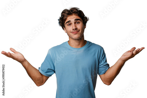 A man in a blue shirt is looking at the camera with his hands raised in a questi photo