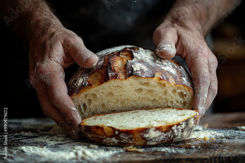 Rustic Hands Holding Freshly Baked Artisan Sourdough Bread