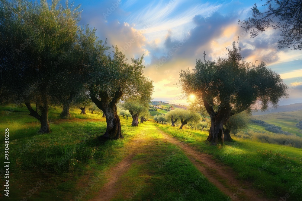 Obraz premium Golden Sunset Over Ancient Olive Groves in the Tuscan Countryside