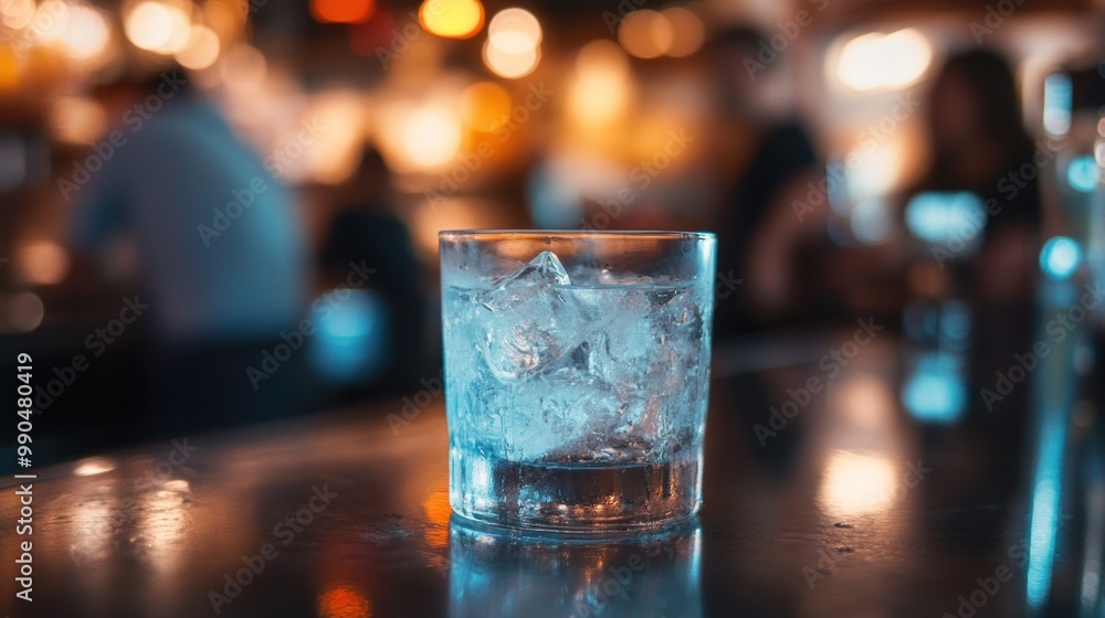A glass of water with ice cubes on a bar counter with a blurred background of people. A glass of water with ice cubes on a bar counter with a blurred background of people.
