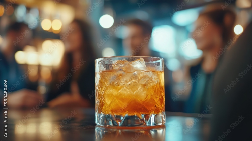 A glass of amber liquid with ice on a bar counter in a dimly lit bar, with blurred people in the background. A glass of amber liquid with ice on a bar counter in a dimly lit bar, with blurred people in the background.