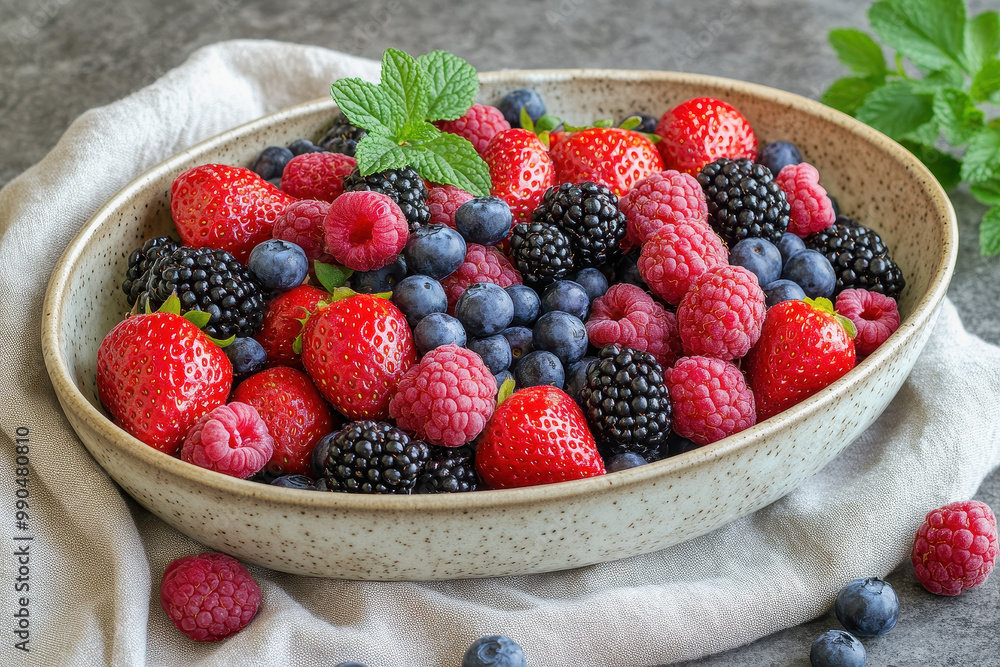 Vibrant Fresh Berries in Ceramic Bowl on Cloth Background Vibrant Fresh Berries in Ceramic Bowl on Cloth Background