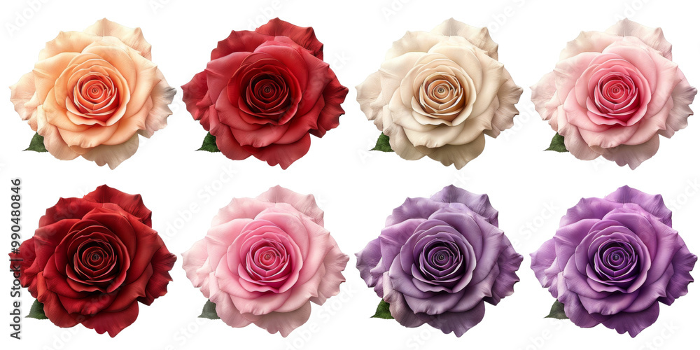 A row of roses in various colors, including red, pink, and purple A row of roses in various colors, including red, pink, and purple