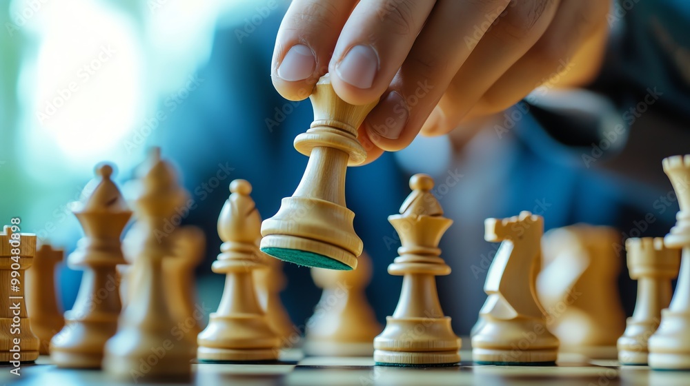 A hand moves a white king chess piece across the board. A hand moves a white king chess piece across the board.