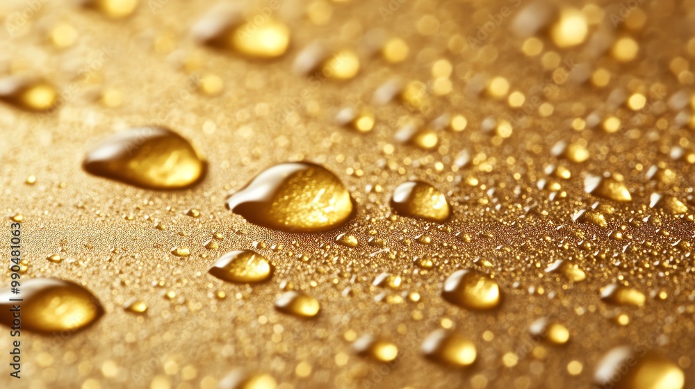 Closeup of water droplets on a gold surface. Closeup of water droplets on a gold surface.