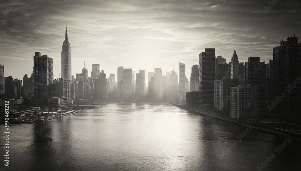 Obraz premium A black-and-white photo of a famous city skyline or iconic landmark, evoking a timeless, classic look