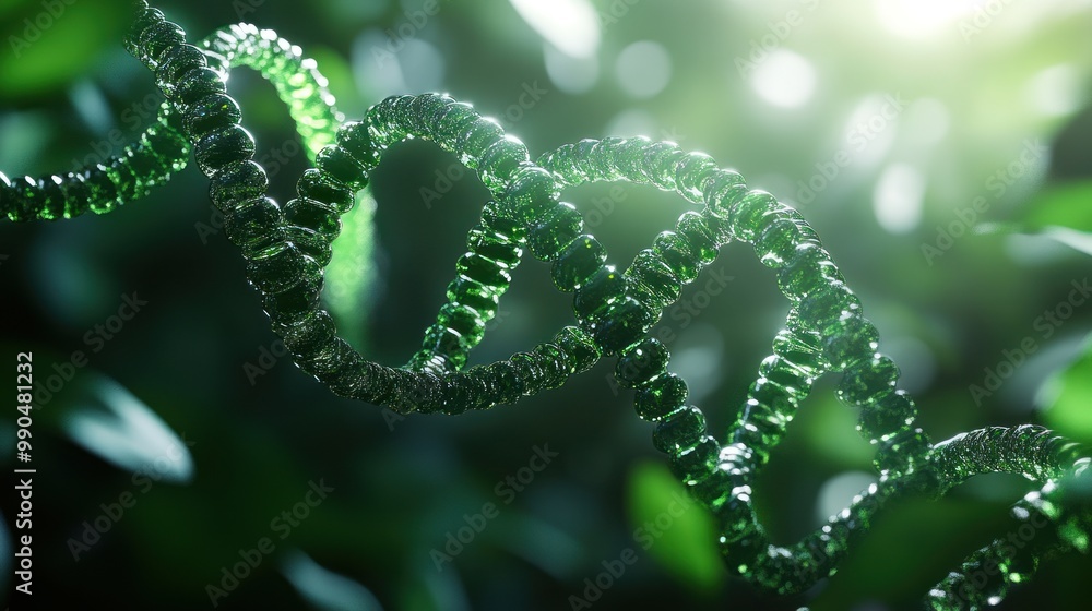 A green DNA strand is shown in a leafy green background A green DNA strand is shown in a leafy green background