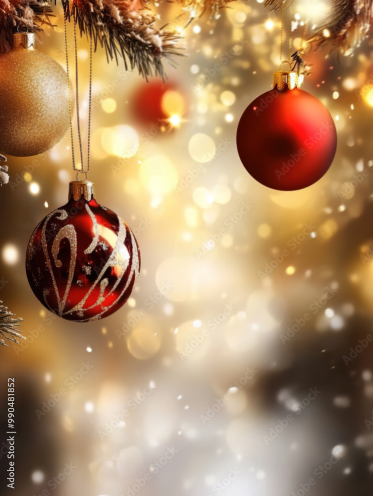 Festive background with red christmas baubles and sparkles Festive background with red christmas baubles and sparkles
