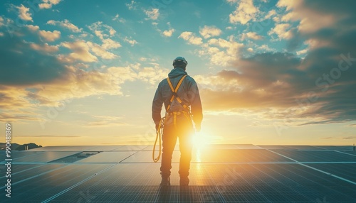 Solar panel technician stands on rooftops at sunset, symbolizing renewable energy and sustainable practices.