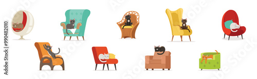 Playful Cat as Fluffy Feline with Cute Snout at Home Vector Set