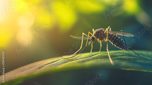 Wallpaper Mural Close up shot of a mosquito resting on a leaf with a blurred tropical forest in the background, highlighting the role of mosquitoes in spreading viral diseases, shot with shallow depth of field, macro Torontodigital.ca