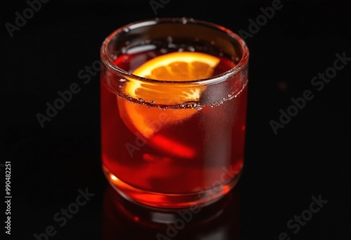 Macrography, experience the art of decorate a Negroni cocktail from a top-down perspective, adorned with a fresh vibrant orange slice, all against a dramatic black background