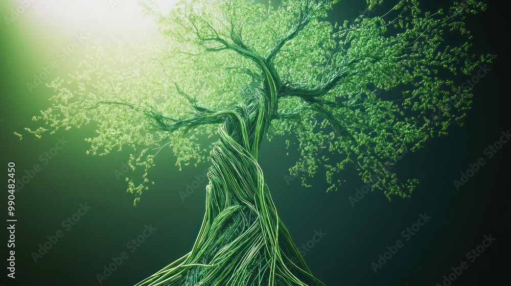 A tree with green leaves and branches is shown in a green background A tree with green leaves and branches is shown in a green background