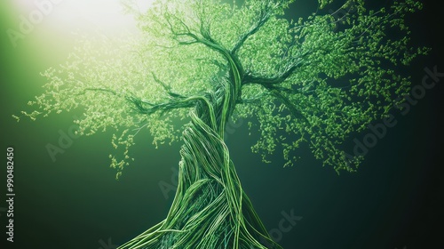 A tree with green leaves and branches is shown in a green background