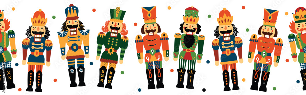 Fototapeta premium Cute Nutcracker horizontal seamless border. Merry Christmas, New Year wallpaper.