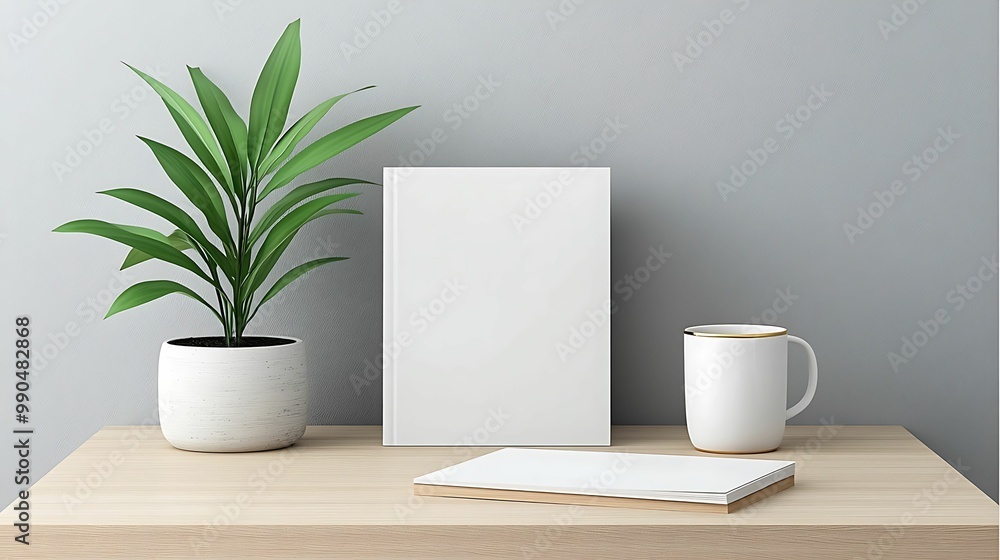 A minimalist workspace featuring a plant, blank canvas, and a mug on a wooden table against a textured wall. A minimalist workspace featuring a plant, blank canvas, and a mug on a wooden table against a textured wall.