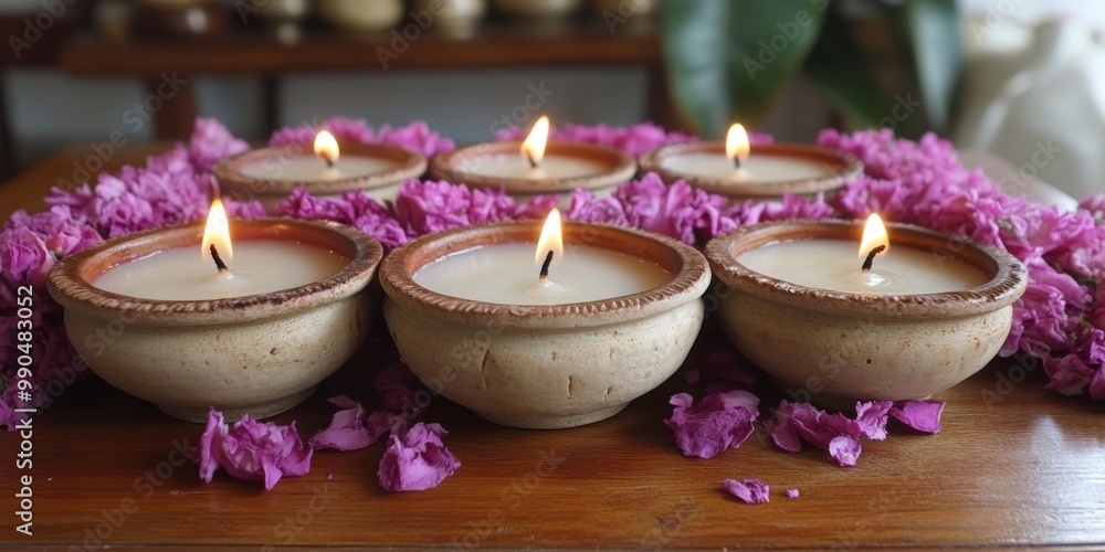 Clay Diya lamps lit during Indian Holiday Diwali, Hindu festival Clay Diya lamps lit during Indian Holiday Diwali, Hindu festival