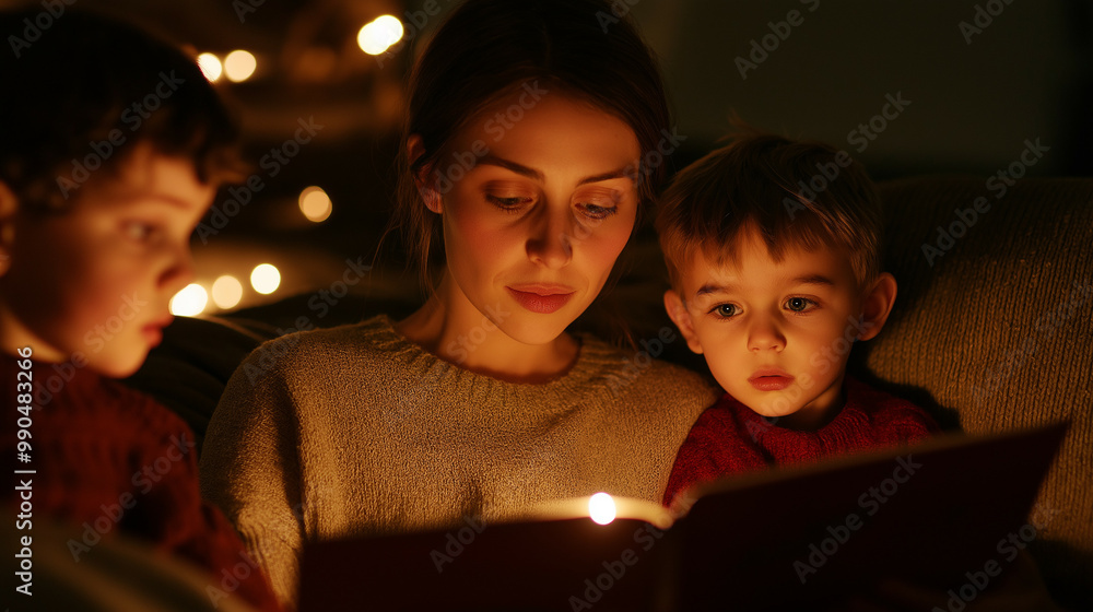 Mother reading a storybook to her children by candlelight, small stockings hanging on a thread across the wall Mother reading a storybook to her children by candlelight, small stockings hanging on a thread across the wall