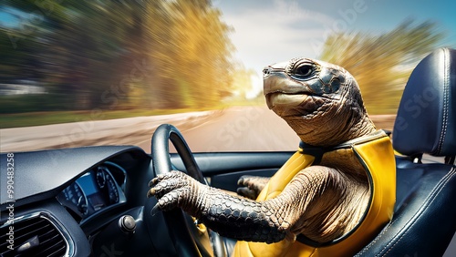 Slow turtle is driving a fast car. Cartoon Turtle driving a sports car is racing at speed. Concept: acceleration, slow one to speed up.