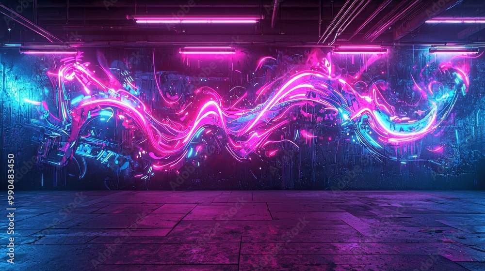 Naklejka premium Futuristic graffiti wall, cyberpunk style street art