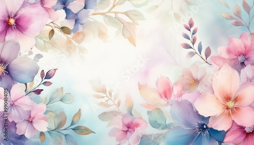 Watercolor floral pattern background in soft pastel colors, featuring delicate blooms and leaves, perfect for greeting cards or invitations, adding a touch of elegance and charm.