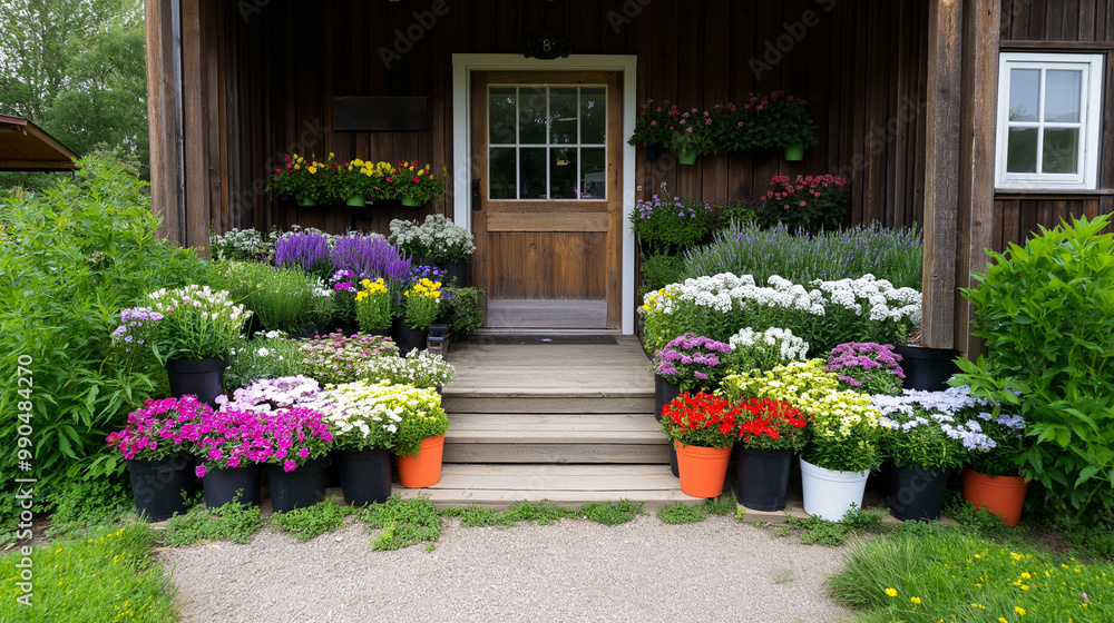 Fototapeta premium Small flower shop exterior with a rustic wooden sign, colorful flower pots, and an inviting open door