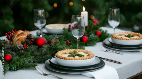 Small Christmas dinner with simple dishes, bread, and a single apple pie, set on a well-used table with love 