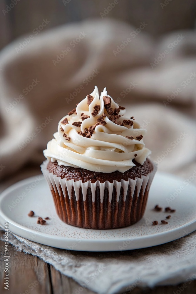 chocolate cupcake with icing and chocolate pieces on a white plate chocolate cupcake with icing and chocolate pieces on a white plate