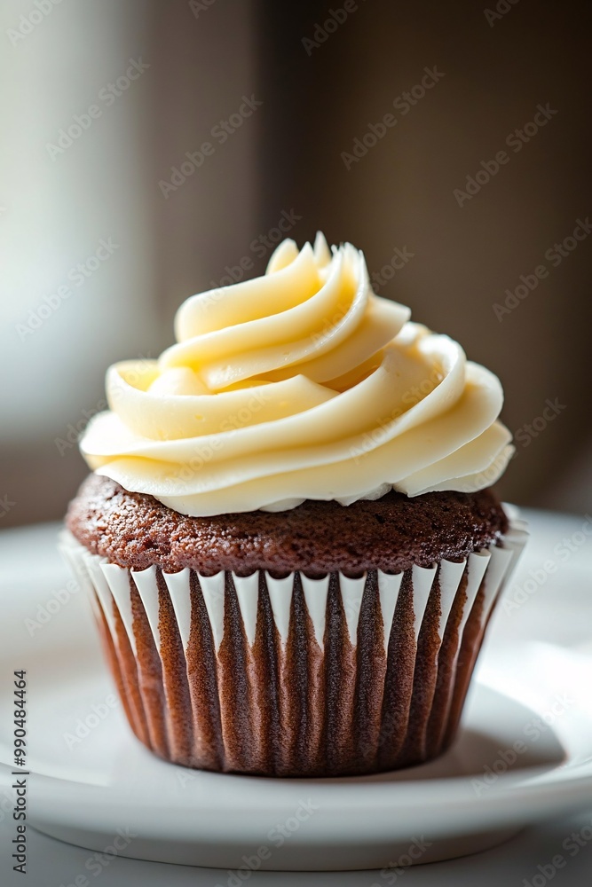 chocolate cupcake with icing on a white plate chocolate cupcake with icing on a white plate