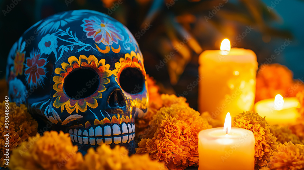 Vibrantly painted skull mask glows under candlelight alongside marigold offerings encapsulating the vibrant spirit of Mexicos Day of the Dead Vibrantly painted skull mask glows under candlelight alongside marigold offerings encapsulating the vibrant spirit of Mexicos Day of the Dead
