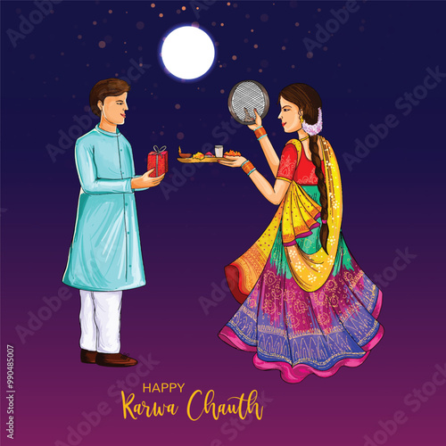 Karwa chauth festival card with indian copule celebration card background