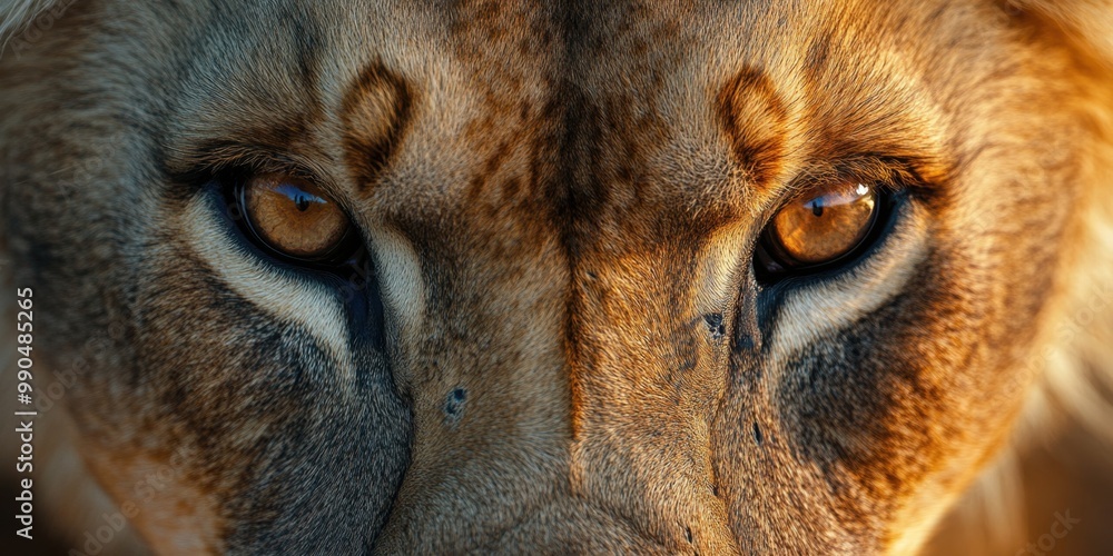 Extreme close up of the face of a wild animal, a lion with a scary face and the aura of an authoritative hunter. Extreme close up of the face of a wild animal, a lion with a scary face and the aura of an authoritative hunter.