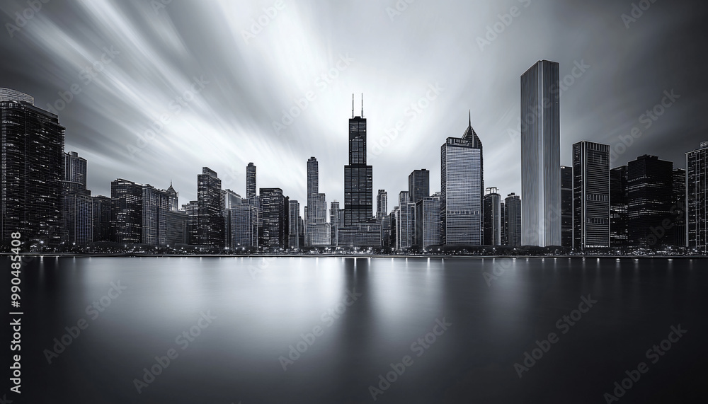 Fototapeta premium A black-and-white photo of a famous city skyline or iconic landmark, evoking a timeless, classic look
