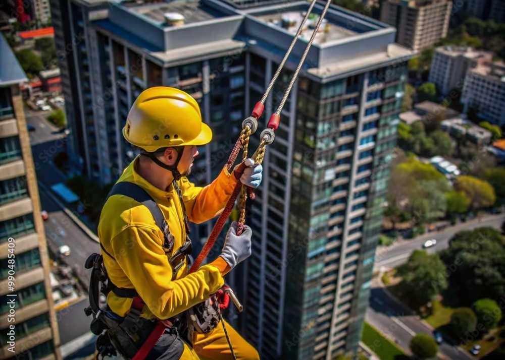 Workers With Ropes A close-up photo of a male rope access worker wearing a yellow hard hat ...