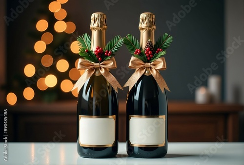 Two Christmasdecorated champagne bottles are on a table photo