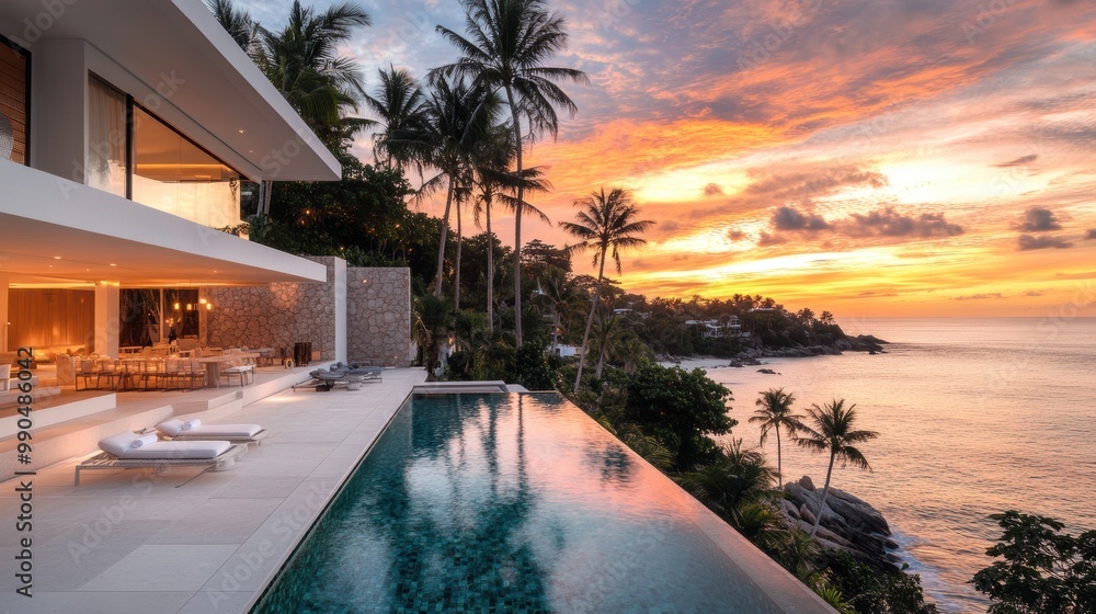 Fototapeta premium Luxury Beachfront Villa with Infinity Pool and Palm Trees Overlooking Ocean Sunset