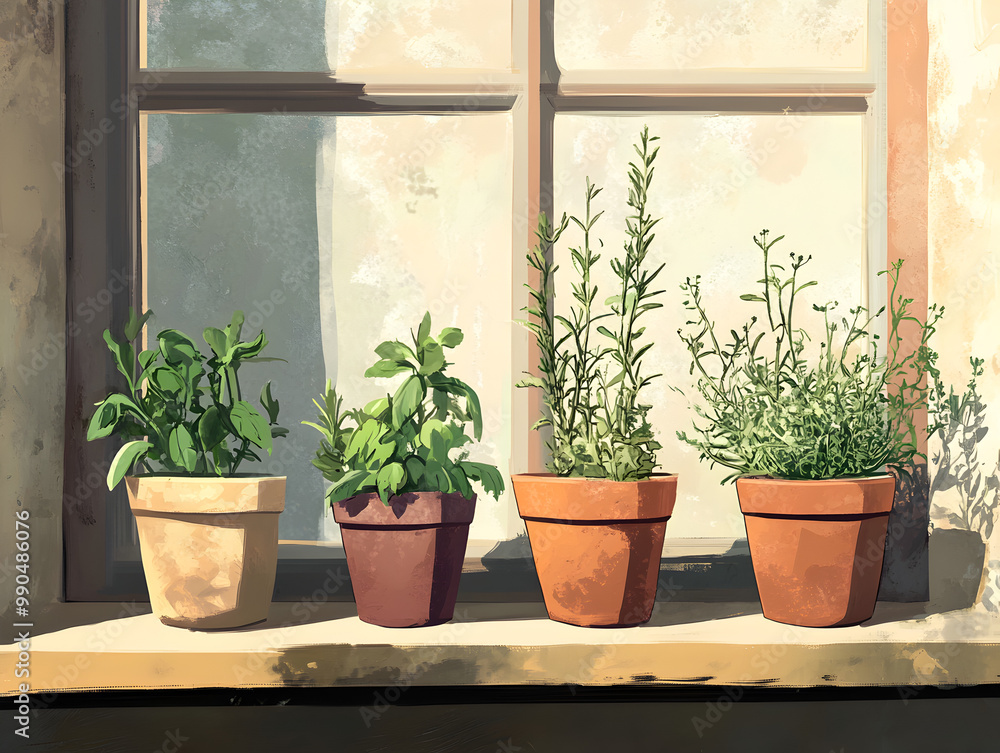 Simple potted herbs on a windowsill.
Simple potted herbs on a windowsill.