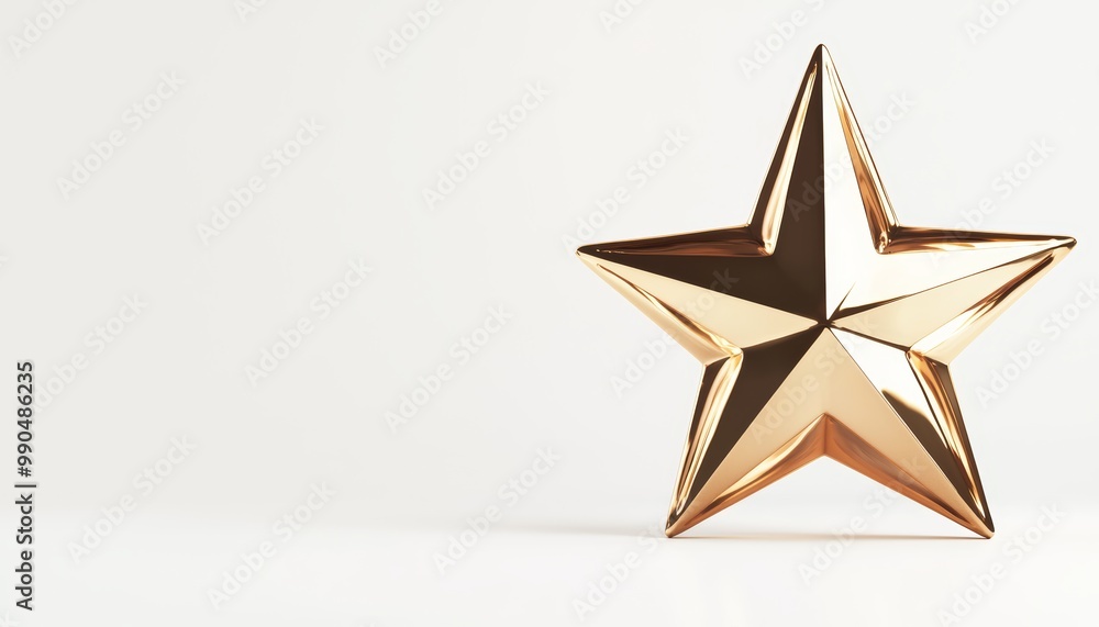 Obraz premium A 3D gold star with smooth reflective surfaces, soft lighting and shadows, hyper-realistic rendering, isolated on white background
