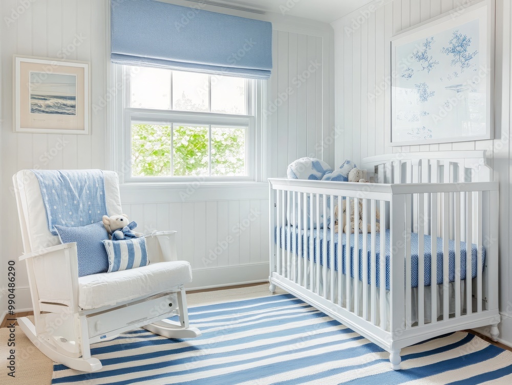 A nursery with a soft blue crib, white rocking chair, and blue-and-white striped rug. The walls are painted white with blue accents for a soothing atmosphere A nursery with a soft blue crib, white rocking chair, and blue-and-white striped rug. The walls are painted white with blue accents for a soothing atmosphere