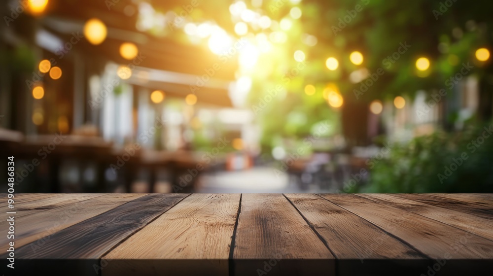Empty wooden table top with blurred restaurant background.