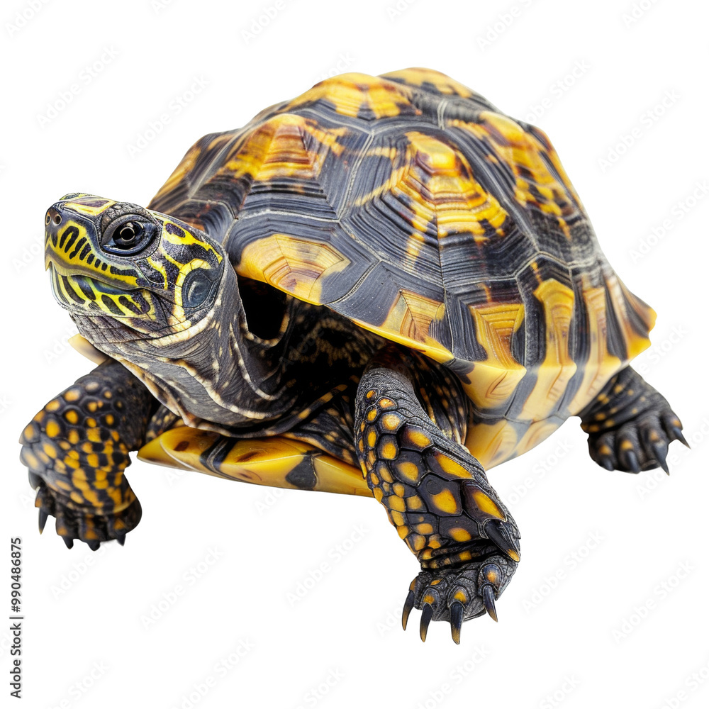 Obraz premium A yellow and black turtle is laying on its back