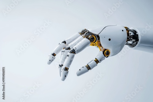 A detailed robotic arm with advanced mechanical fingers, shiny white surfaces, science fiction aesthetic, isolated on white background