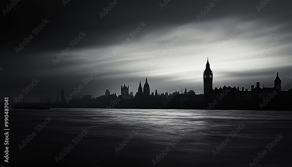 Obraz premium A black-and-white photo of a famous city skyline or iconic landmark, evoking a timeless, classic look