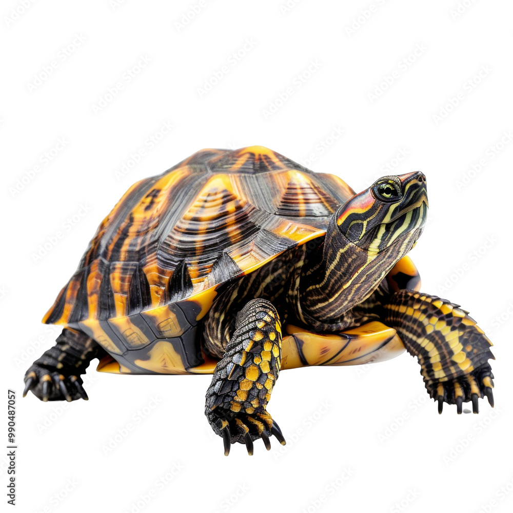 Obraz premium A yellow and black turtle is laying on its back